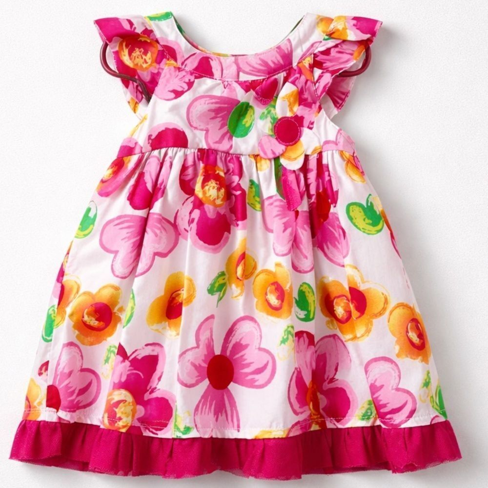 Signature Kids Headquarters Floral pink and white ruffle sleeve dress New!